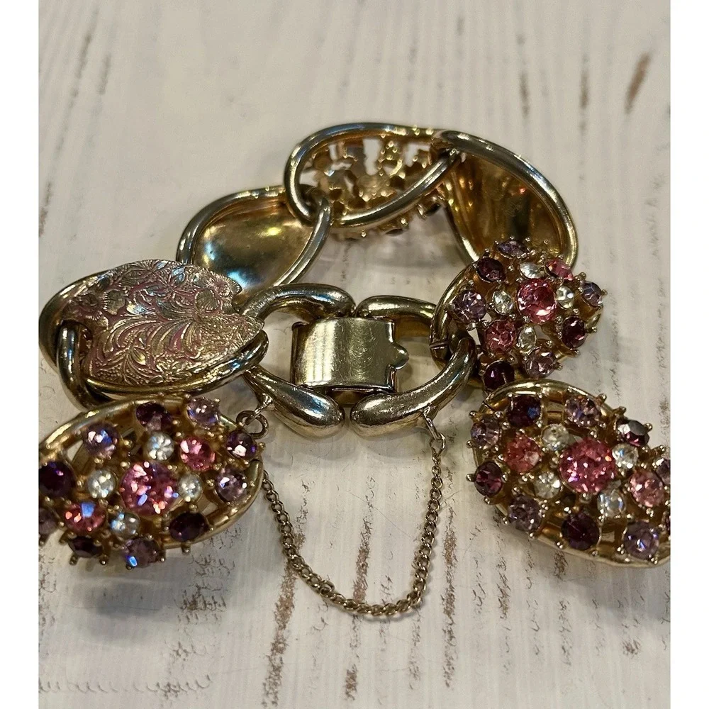 Vintage Rhinestone Enamel Bracelet Earrings Pink Purple Gold Floral Demi Parure‎